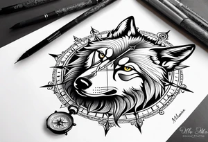 Wolf face with compass and my daughters name Madison tattoo idea