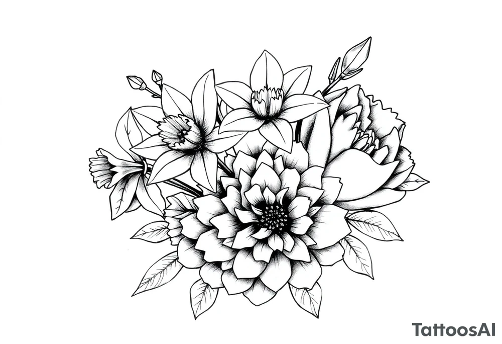 small daffodils, jonquils, chrysanthemum and peony in a bouquet tattoo idea