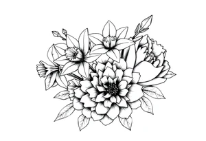 small daffodils, jonquils, chrysanthemum and peony in a bouquet tattoo idea