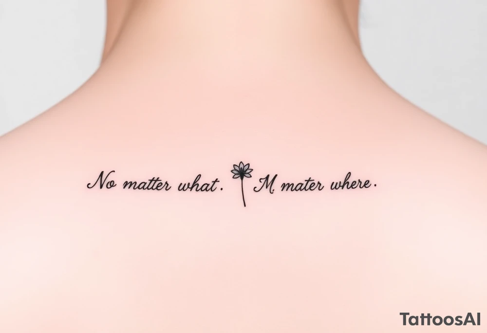 A delicate cursive tattoo with the quote ‘No matter what’ (for one person) and ‘No matter where’ (for the other), placed along the collarbone. At the end of each quote, incorporate a soft, feminine flower design — such as a small lotus, daisy, or wildflower — that flows naturally from the end of the text, as if the flower is part of the lettering or subtly blooming from the last word.
Design should feel light, elegant, and symbolic of connection and unconditional love between mother and daughter. Style should be fine line or single-needle, black ink only, minimalistic and graceful. tattoo idea