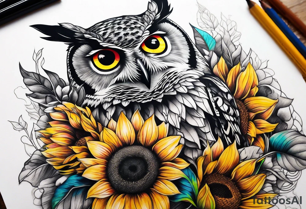 Leg sleeve with colorful sunflowers and an owl tattoo idea