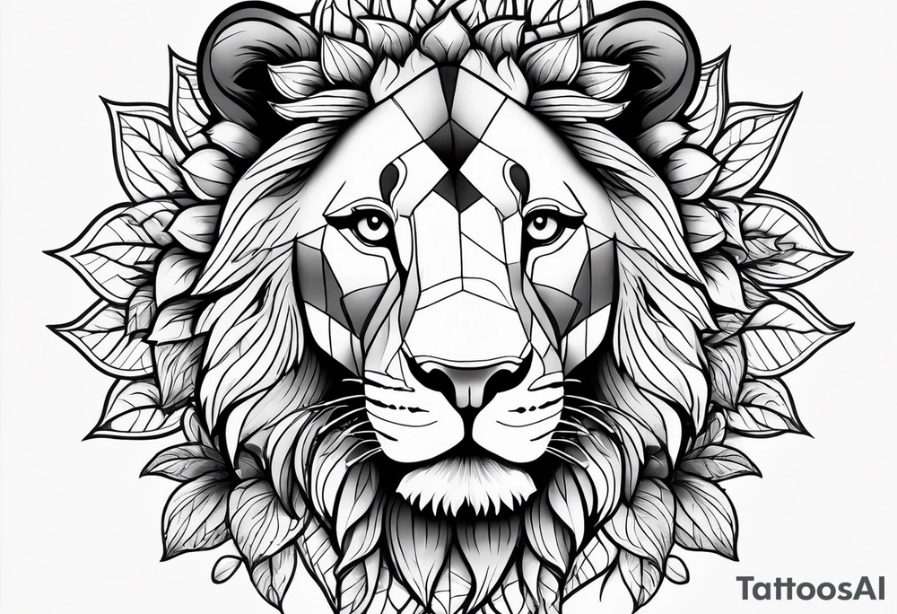 Female lion with half of face covered by sunflowers tattoo idea
