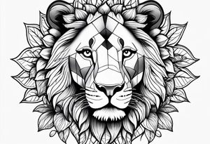Female lion with half of face covered by sunflowers tattoo idea