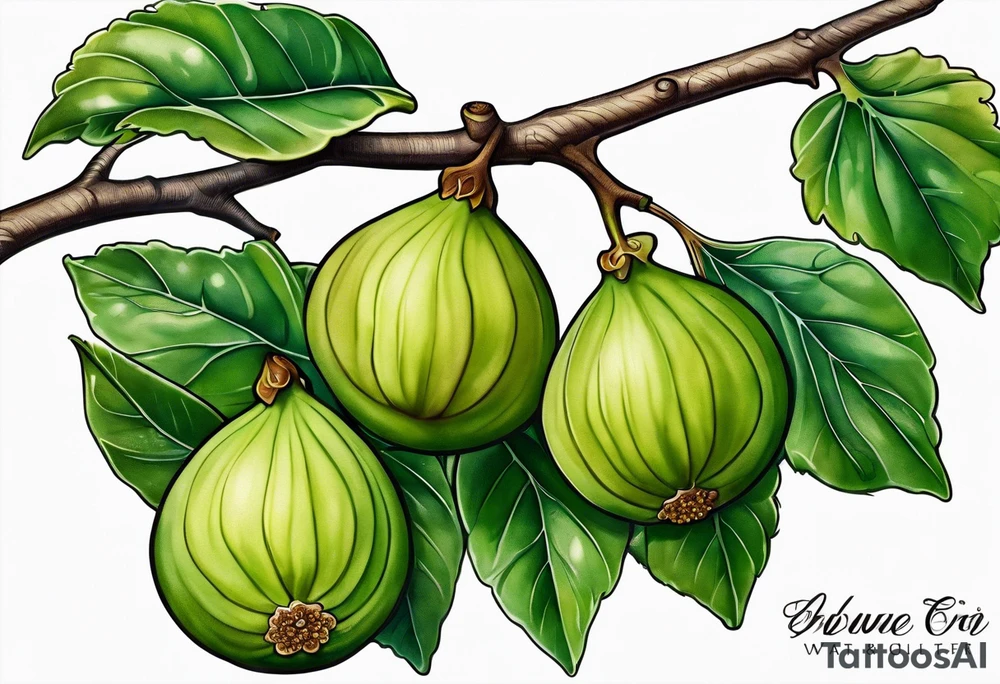 A fig branch with 3 greenish-brown fruits and multiple leaves tattoo idea