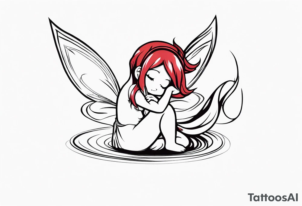 A fairy with a tail inspired by the logo of the show called Fairy Tail in a fetal position leaning in tattoo idea