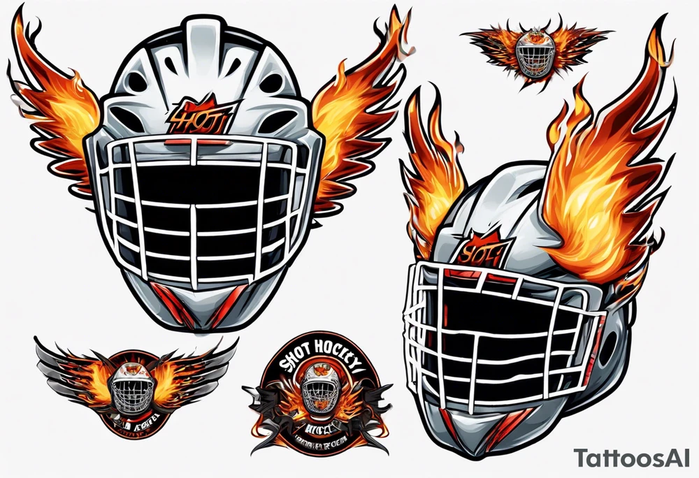hockey puck with flaming wings and a goalie mask that says "SHOT HOCKEY" tattoo idea