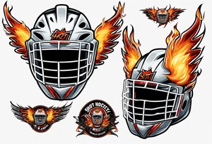 hockey puck with flaming wings and a goalie mask that says "SHOT HOCKEY" tattoo idea