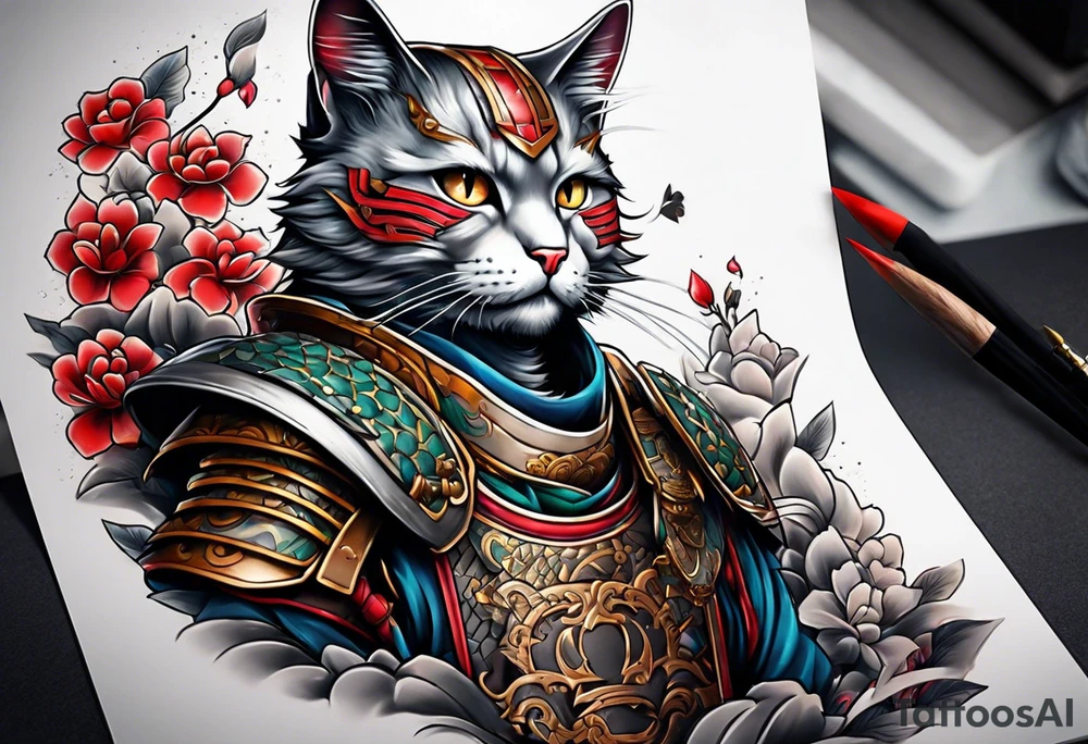Cat with samurai armor full sleeve tattoo idea