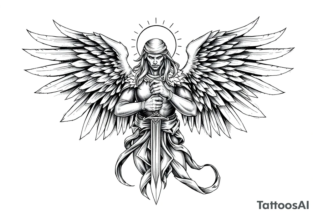 Holy Archangel, Biblical, Christianity, Hebrew, Guards of Christianity, Holding a sword, having six wings, seraphim, seek justice, walk only with God tattoo idea