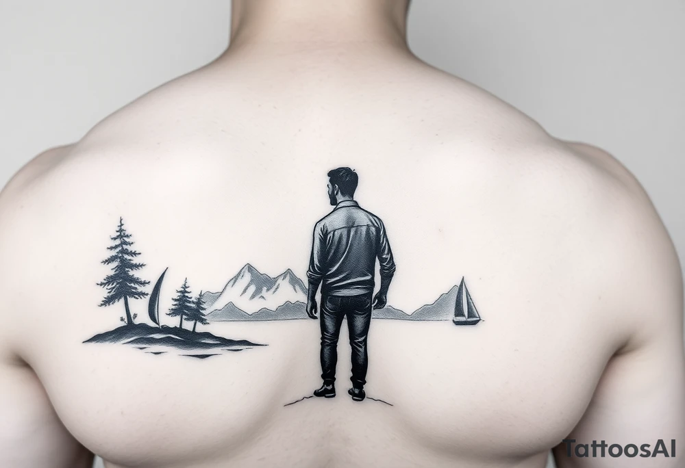 I want a minimalist design that will go on my right bicep, of a man's silhouette of a man on a shoreline, with a tree to his left, looking out at mountains in the distance, and a sailboat in the foreground tattoo idea
