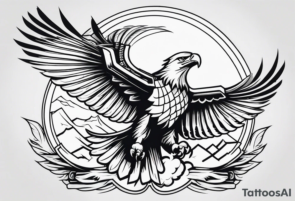 Traditional Eagle swooping into battle carrying sword tattoo idea