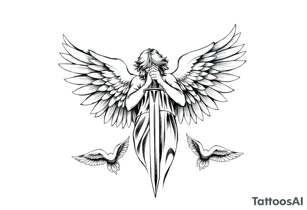 Angel with two wings that are covering its face, two wings covering its feet, and two flying out at its sides while the angel holds a sword tattoo idea
