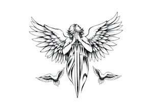 Angel with two wings that are covering its face, two wings covering its feet, and two flying out at its sides while the angel holds a sword tattoo idea
