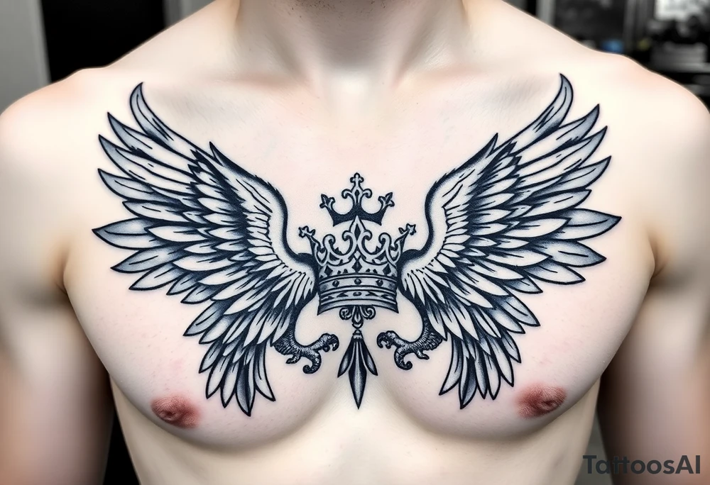 Chest tattoo,powerful two symetrical majestic eagles, surrounded by lure ornaments , between eagles a crown tattoo idea