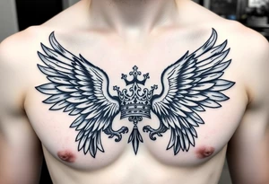 Chest tattoo,powerful two symetrical majestic eagles, surrounded by lure ornaments , between eagles a crown tattoo idea