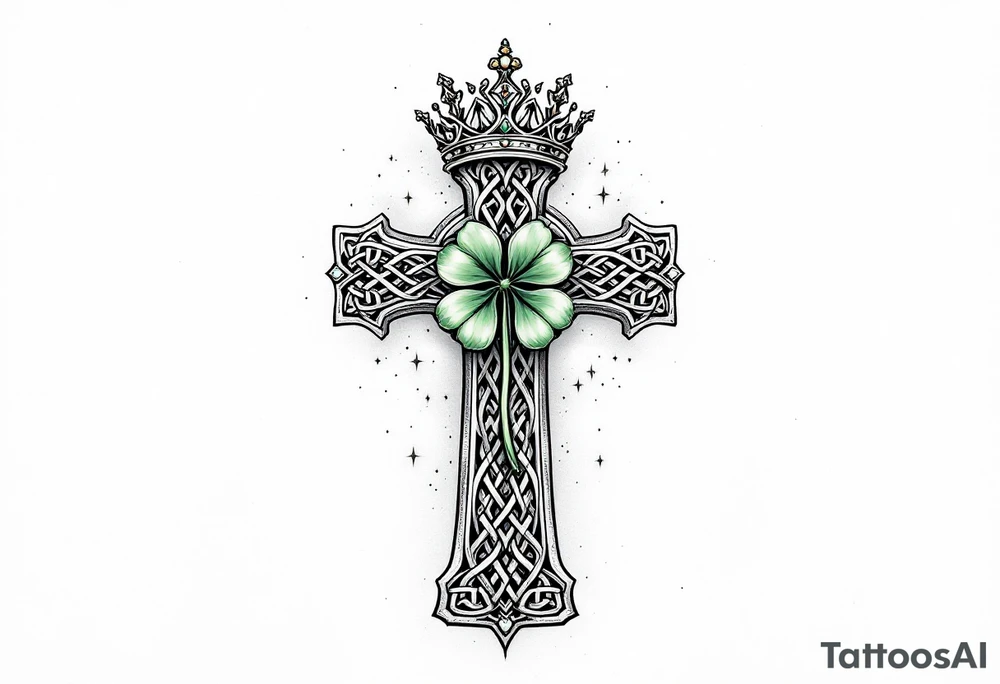 Celtic cross tattoo featuring intricate knotwork patterns along the arms and base of the cross. At the heart of the cross, place a vibrant four-leaf clover, its leaves shaded with subtle gradients of green, symbolizing luck and unity. Above the cross, incorporate a regal crown adorned with ornate details, such as small gemstones or filigree, to signify authority and strength. The entire composition should have a balanced, harmonious feel, with the textures and shading creating a sense of depth and dimension. Surround the design with a faint aura or subtle accents, like soft wisps of light, to add a spiritual and mystical quality tattoo idea