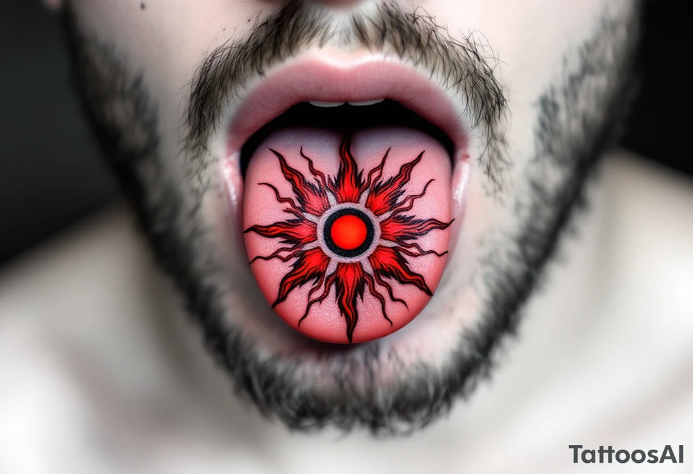 A bold crimson Kolovrat (Slavic sun symbol) tattoo sits centered on the tongue, its eight fiery red arms radiating outward with fine black outlines, creating a striking contrast against the natural pink flesh. tattoo idea