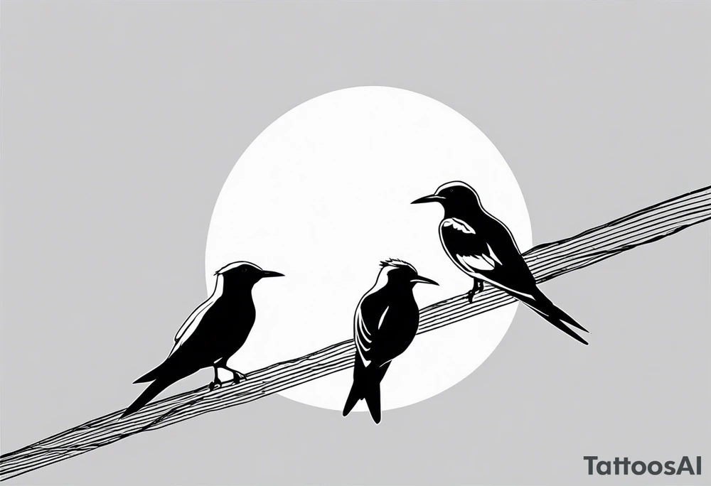 Three Arctic tern Silhouettes on a single power Line. Two are sitting, one is about to fly tattoo idea