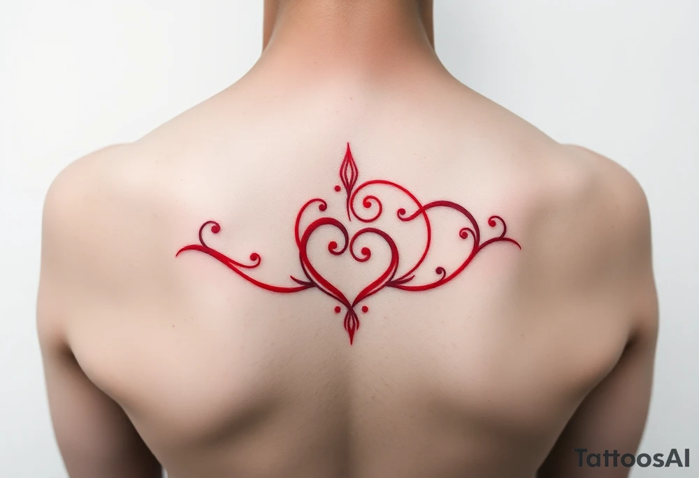 “-... .-. .- . .- .-.. ....... -.. .- .-- --- --- -.. .......” with dainty girly swirl design in red ink on female hip bone front view tattoo idea