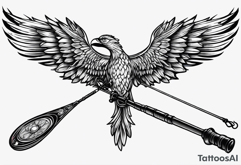 fishing pole and hook with halo and wings tattoo idea