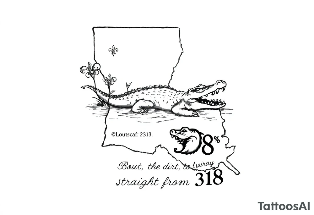 Louisiana state outline with fleur-de-lis, a bayou with a gator , the 318 area code and and quote that says  Out the dirt, out the water, straight from 318 tattoo idea