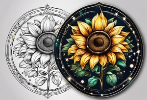 elegant small tattoo for hand with sunflower surrounded by circle of little stars and arrow tattoo idea