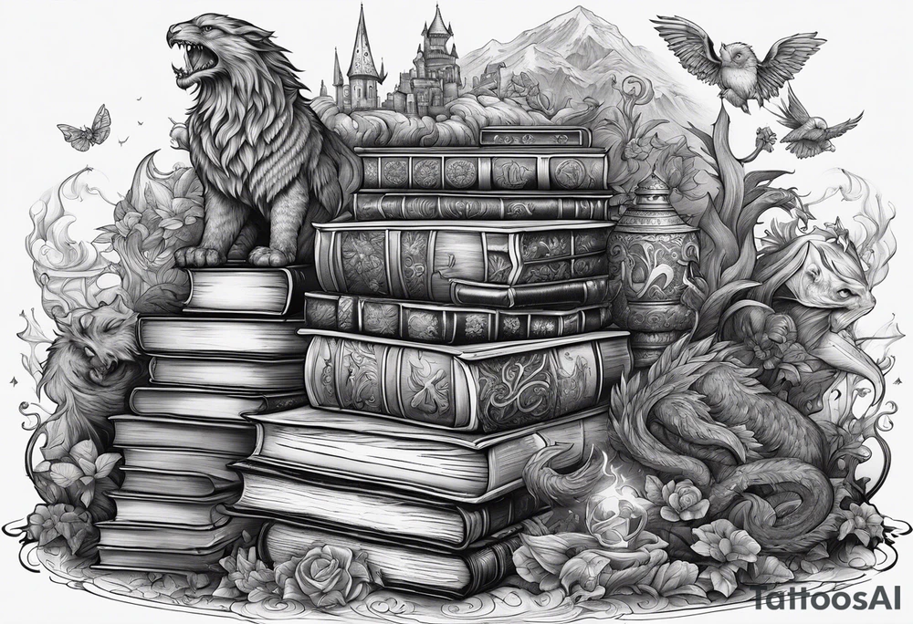 A stack of books surrounded with fantasy creatures tattoo idea