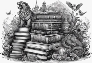 A stack of books surrounded with fantasy creatures tattoo idea