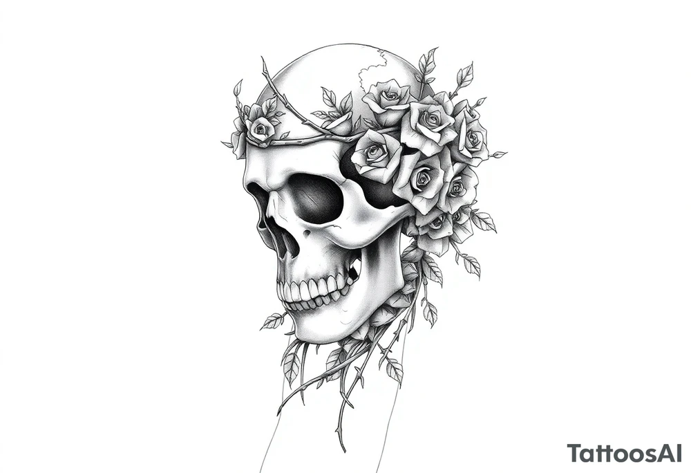 ornate skull adorned with crown of wild roses and thorns tattoo idea