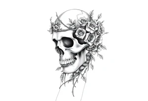 ornate skull adorned with crown of wild roses and thorns tattoo idea