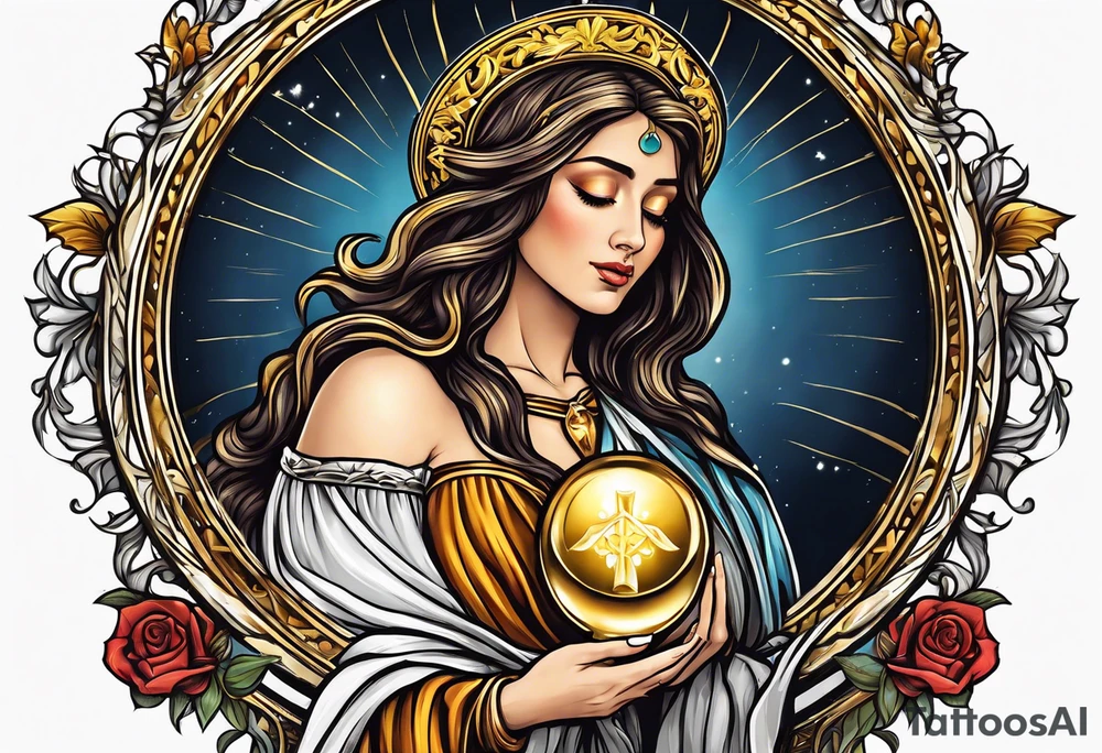 holy saint woman turned away with golden halo holding a chalice tattoo idea