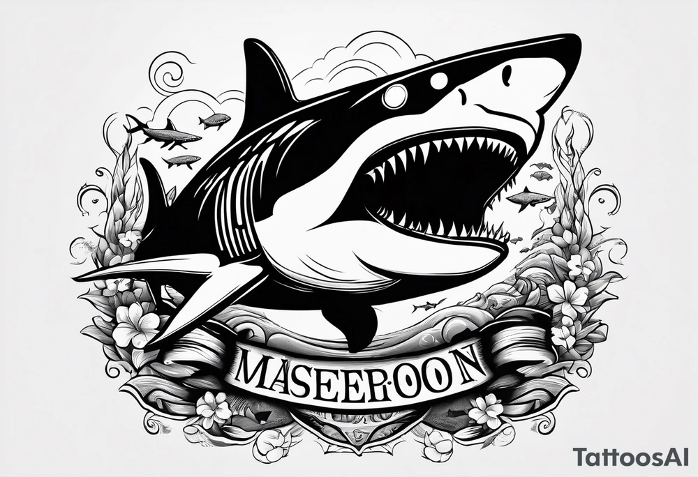 megalodon ni text vertically with the cute shark and the water wrapping around the text tattoo idea