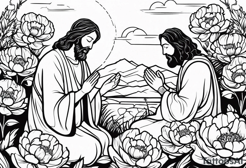 Jesus Christ praying in a peony garden and healed a blind man tattoo idea