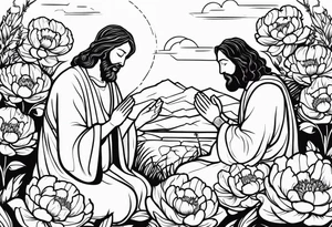 Jesus Christ praying in a peony garden and healed a blind man tattoo idea