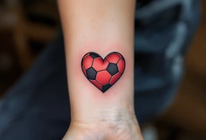 A small heart-shaped red soccer ball stitched like leather, symbolizing love for the game. tattoo idea