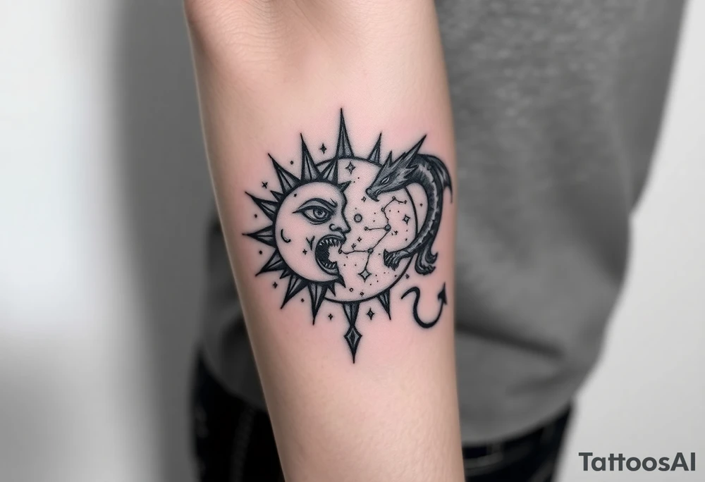devilish sun and dragon moon in constellation with the universe tattoo idea