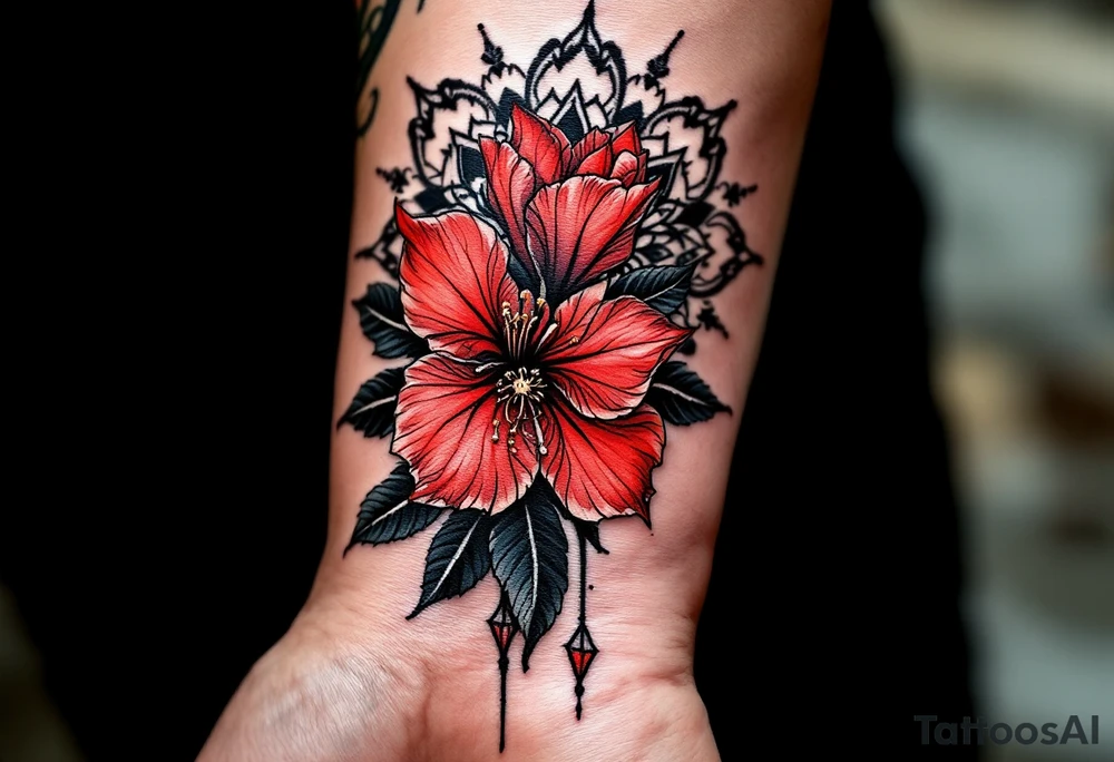 red  and black rhododendron trippy with mandala behind tattoo idea