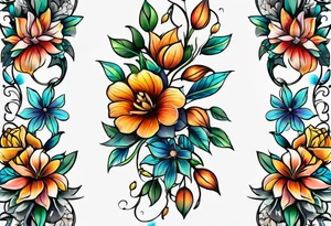 long vertical tattoo to cover my whole shin showing two separate flower stems wrapped around each other, I want a long stem to shower them intertwined tattoo idea