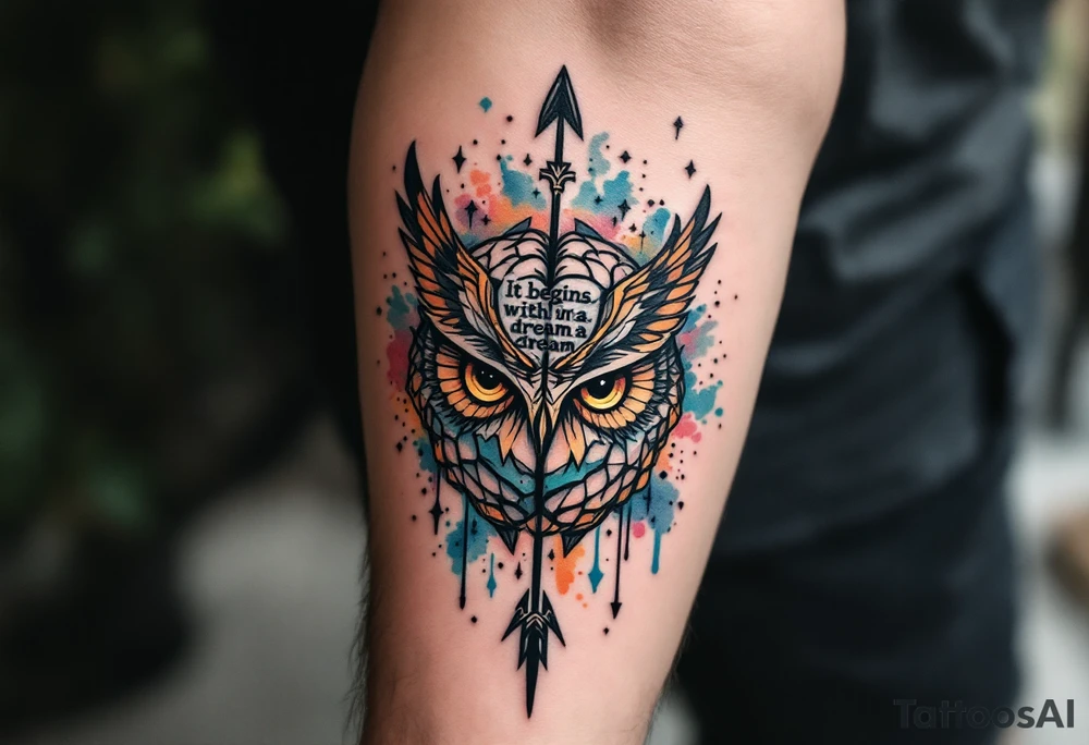 Tattoo inspired in the gifted brain in geometric and straight lines, with few watercolor details but mostly black, symbols representing intelligence, creativity and dreaming flying arround, the phrase "It begins with a dream", owl wings behind, and an arrow crossing from above, and watercolors leaking of it tattoo idea