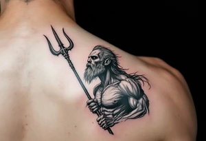 skinny poseidon, behind a trident, looking at the sky tattoo idea