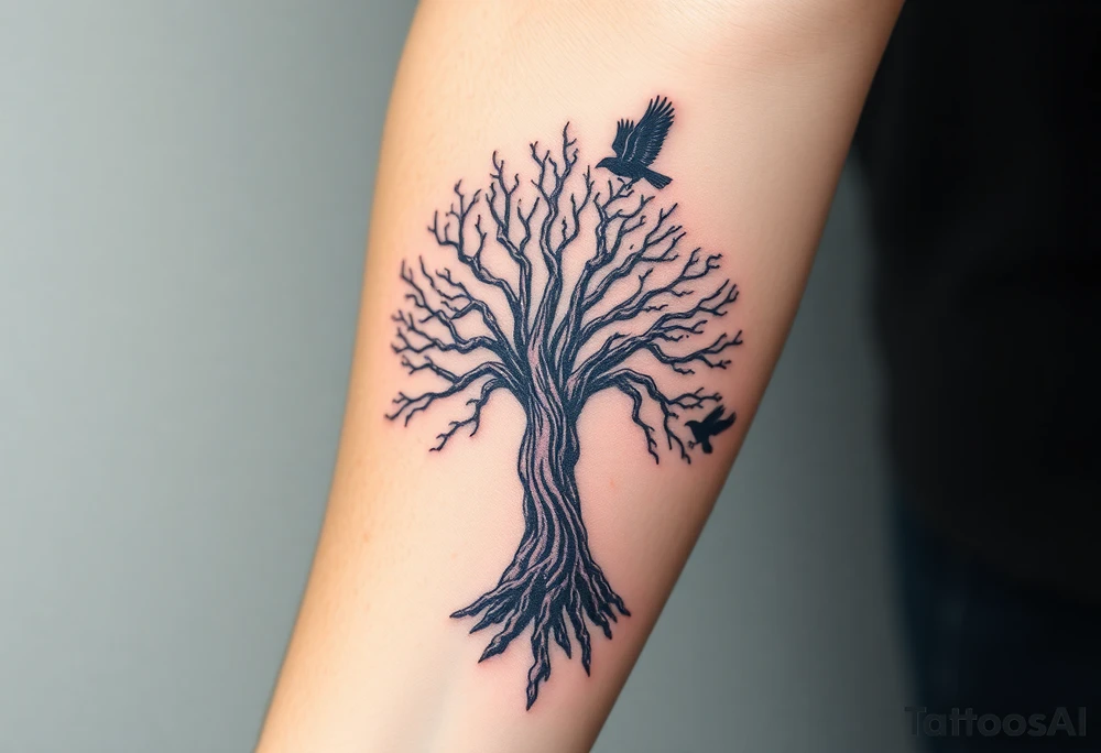 The Tree of Life, color infused, full forearm, ravens flying around it, tattoo idea