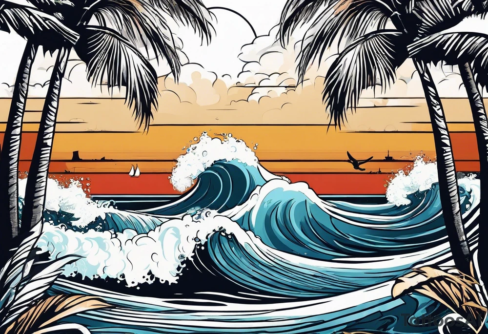 Retro design with coffee mug and ocean waves palm trees tattoo idea