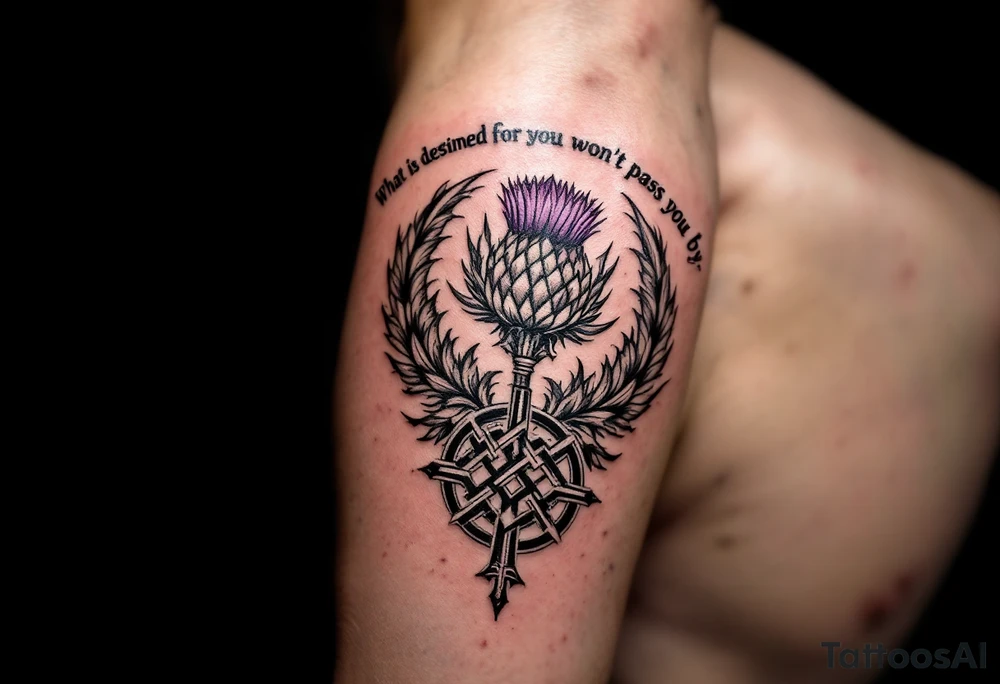 include the Scottish Gaelic translation of, "What is destined for you won't pass you by" and the Scottish thistle along with a Scottish Celtic cross. To be tattooed on the forearm tattoo idea