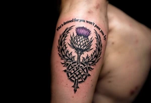 include the Scottish Gaelic translation of, "What is destined for you won't pass you by" and the Scottish thistle along with a Scottish Celtic cross. To be tattooed on the forearm tattoo idea