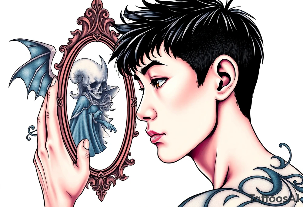 Handsome Asian young guy is looking in cursed mirror and see a witch tattoo idea
