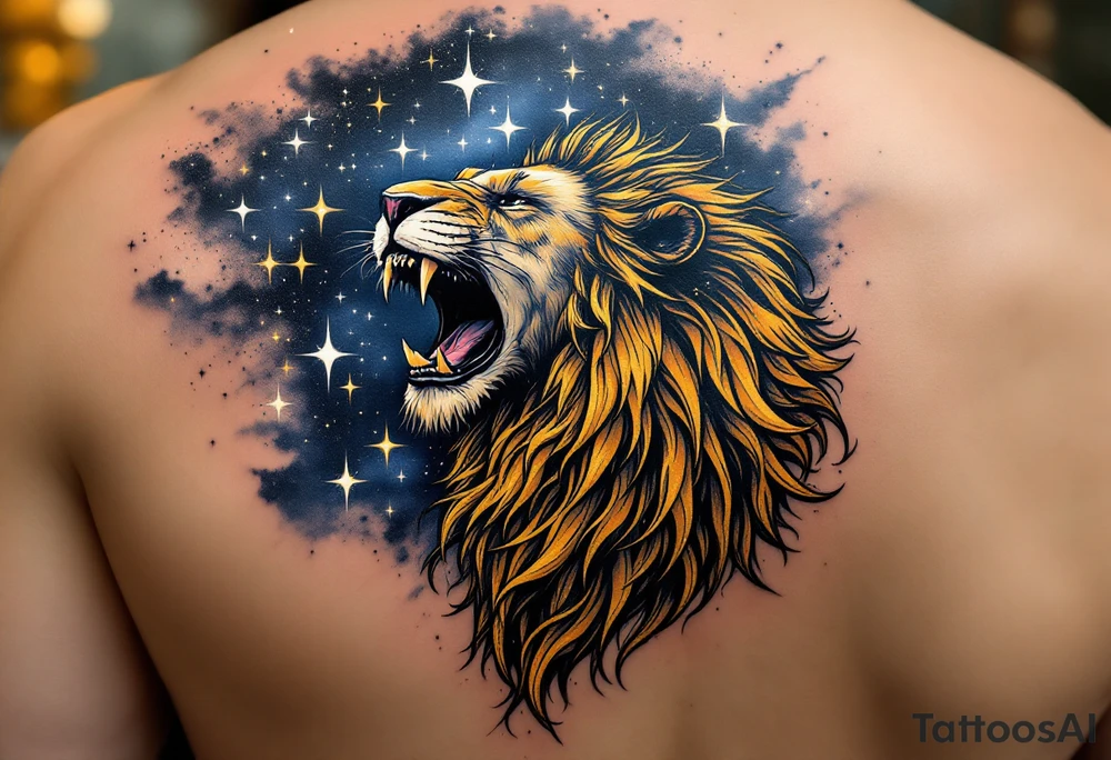 A golden Leo lion roaring beneath a constellation of stars inked in shimmering white and navy blue on a galaxy-tinted sky. tattoo idea