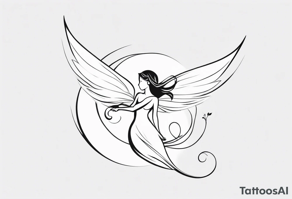 Minimalistic, monochromatic fairy with a tail flying to the left in a fetal position, leaning and looking in the same direction, with visible hands, embodying the 'Fairy Tail' logo aesthetic. tattoo idea