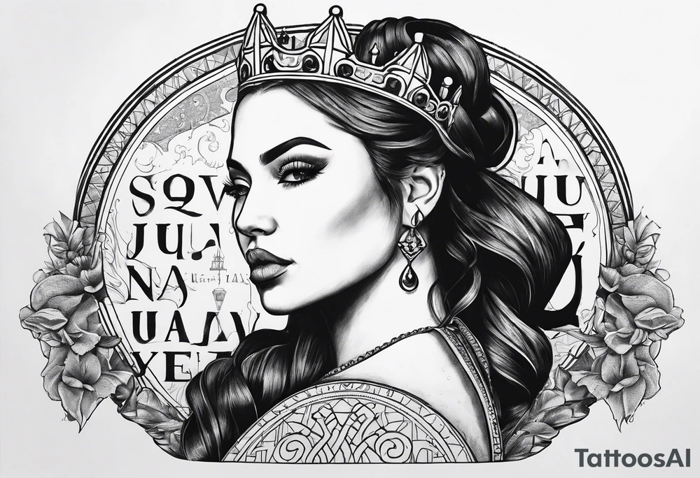 soft chess queen contour with letters MAJA tattoo idea