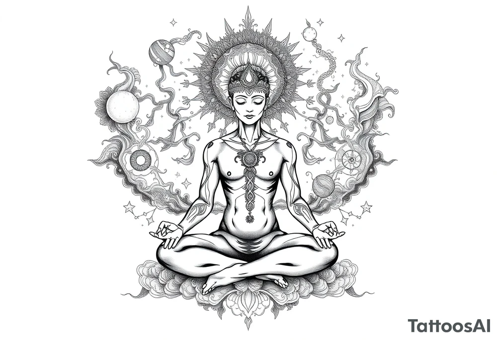 a figure sitting in lotus position meditating based on the lyrics “doing time in the universal mind” by the doors - with a psychedelic trippy background as the meditation expands out from his head into the universe / cosmos tattoo idea