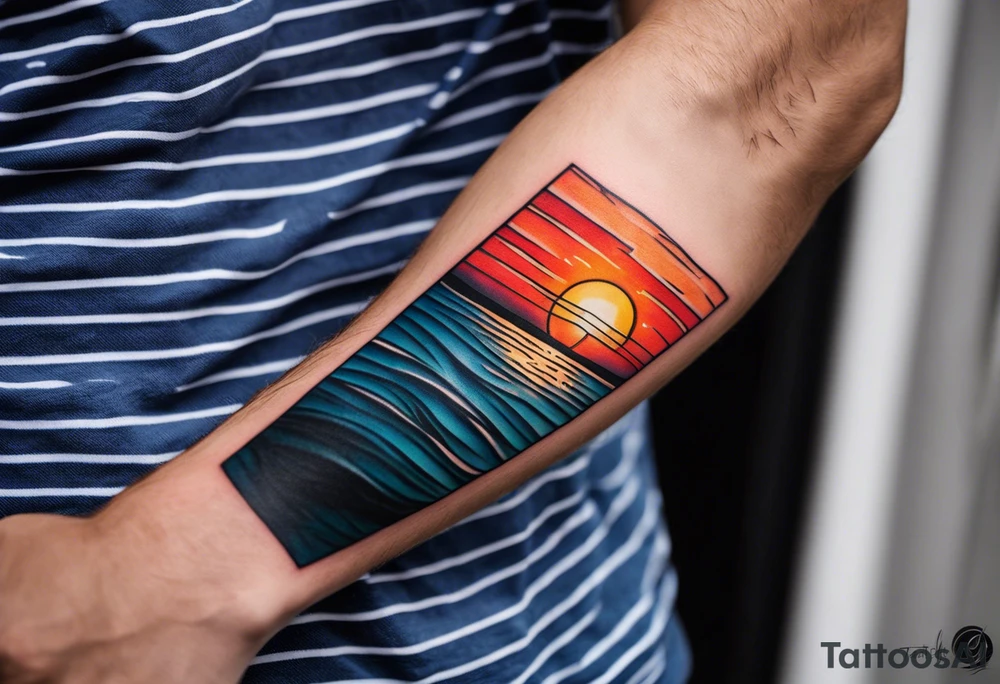 Minimalistic tattoo on male forearm. From the perspective of being on the ocean, the water is calm, with no waves in sight, the sun is setting behind the ocean, reflecting light onto the water. Most importantly, the tattoo in the shape of a rectangle, 4 inches wide by 2 inches tall. tattoo idea